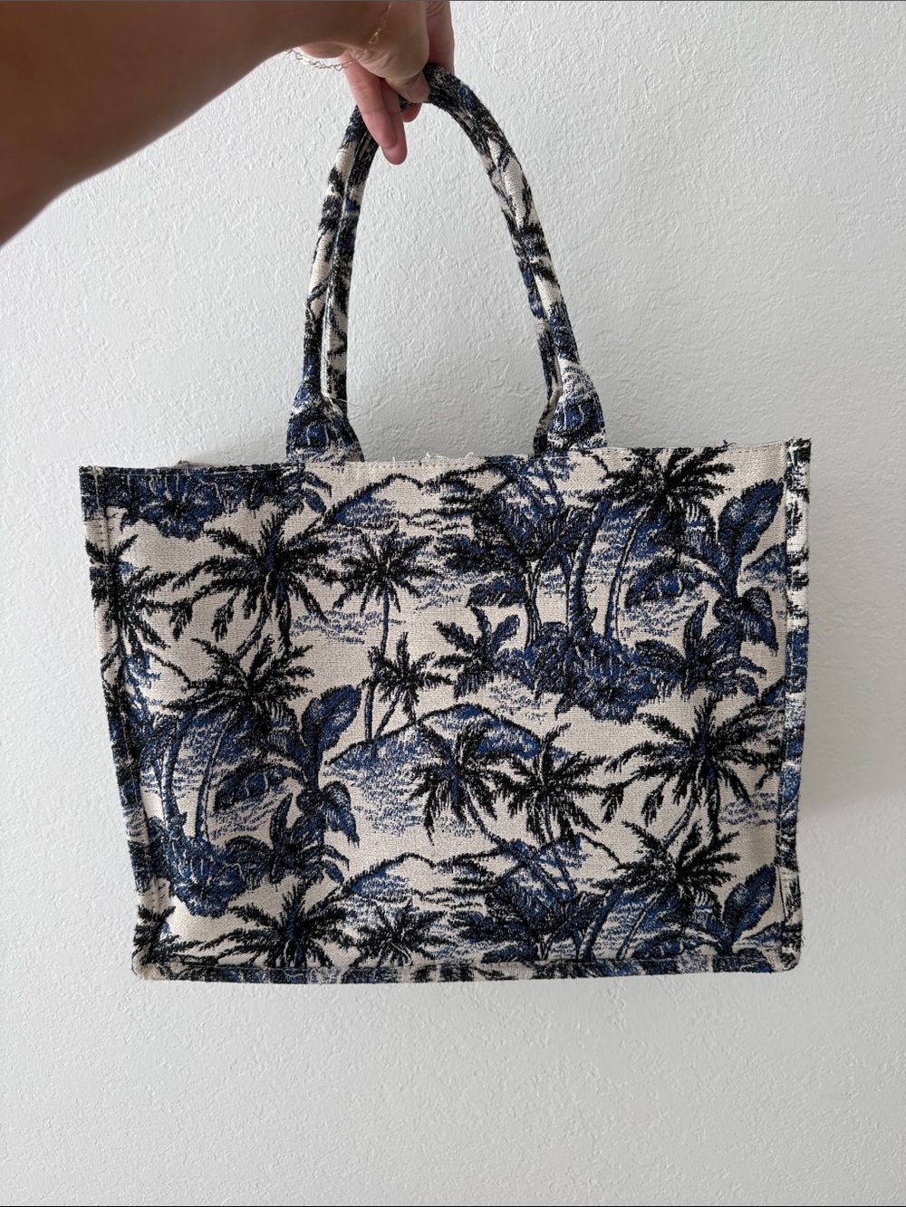 H&M Palm-Print Tote in Navy and Cream